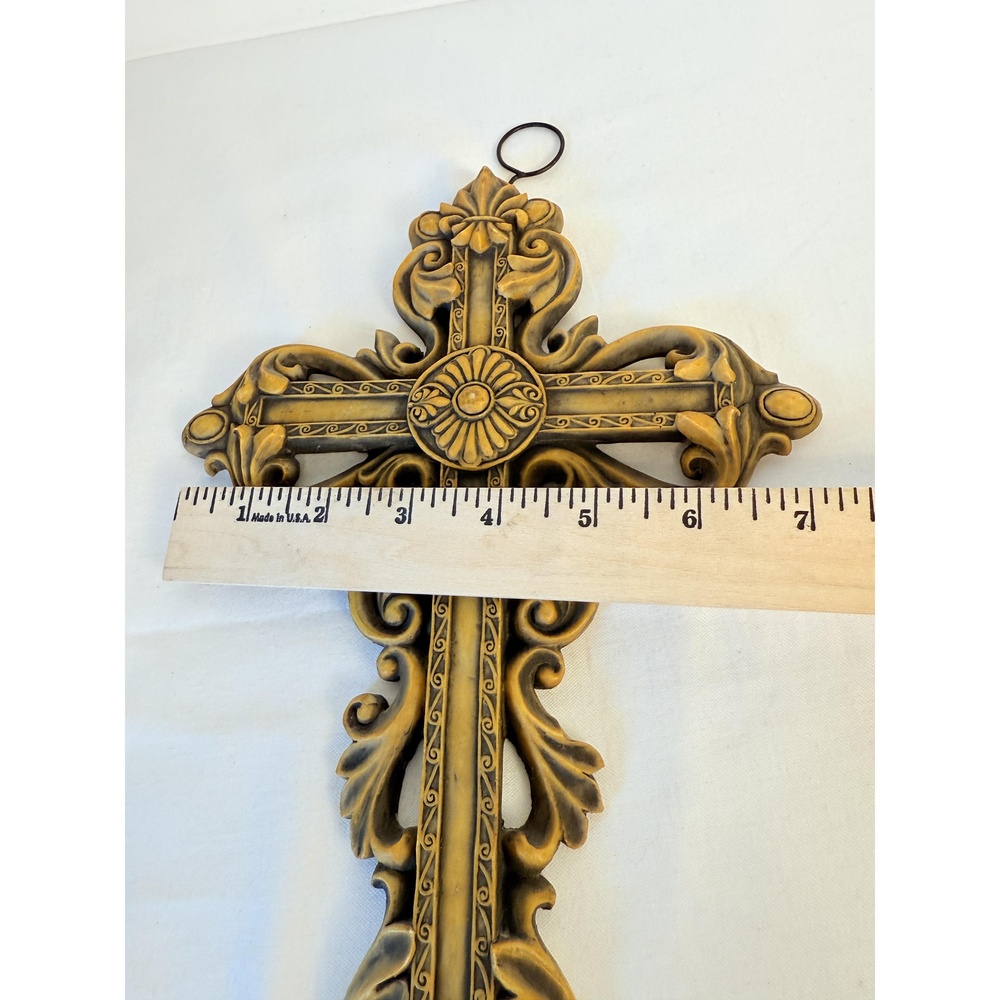Ornate Gold Decorative Floral Fleur-de- lis Hanging Hook Baroque Wall Cross - Picture 13 of 13